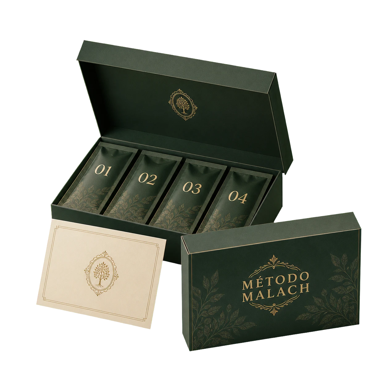 Kit Método Malach aberto com quatro sachês, cartão de orientações e embalagem